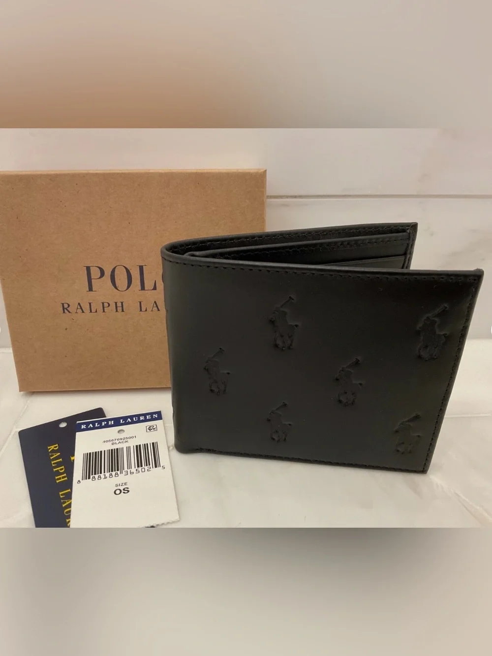 NIB Polo Ralph Lauren Leather ALL OVER PONY Double Billfold Wallet - BLACK